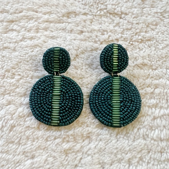 Bauble Bar Anthropologie Green Beaded Gold Disc Large Statement Earrings Holiday - Picture 1 of 6